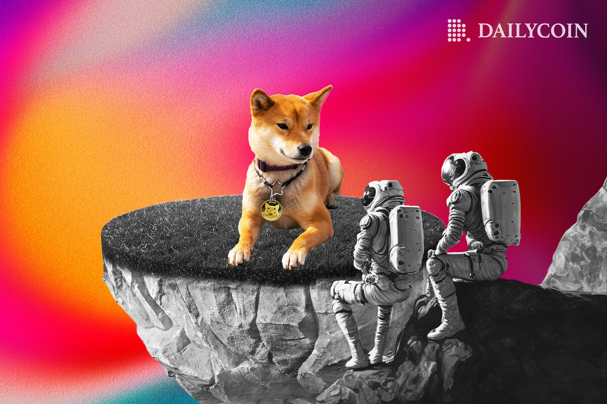 Shiba Inu sitting on an elavavted rock next to two astronauts.