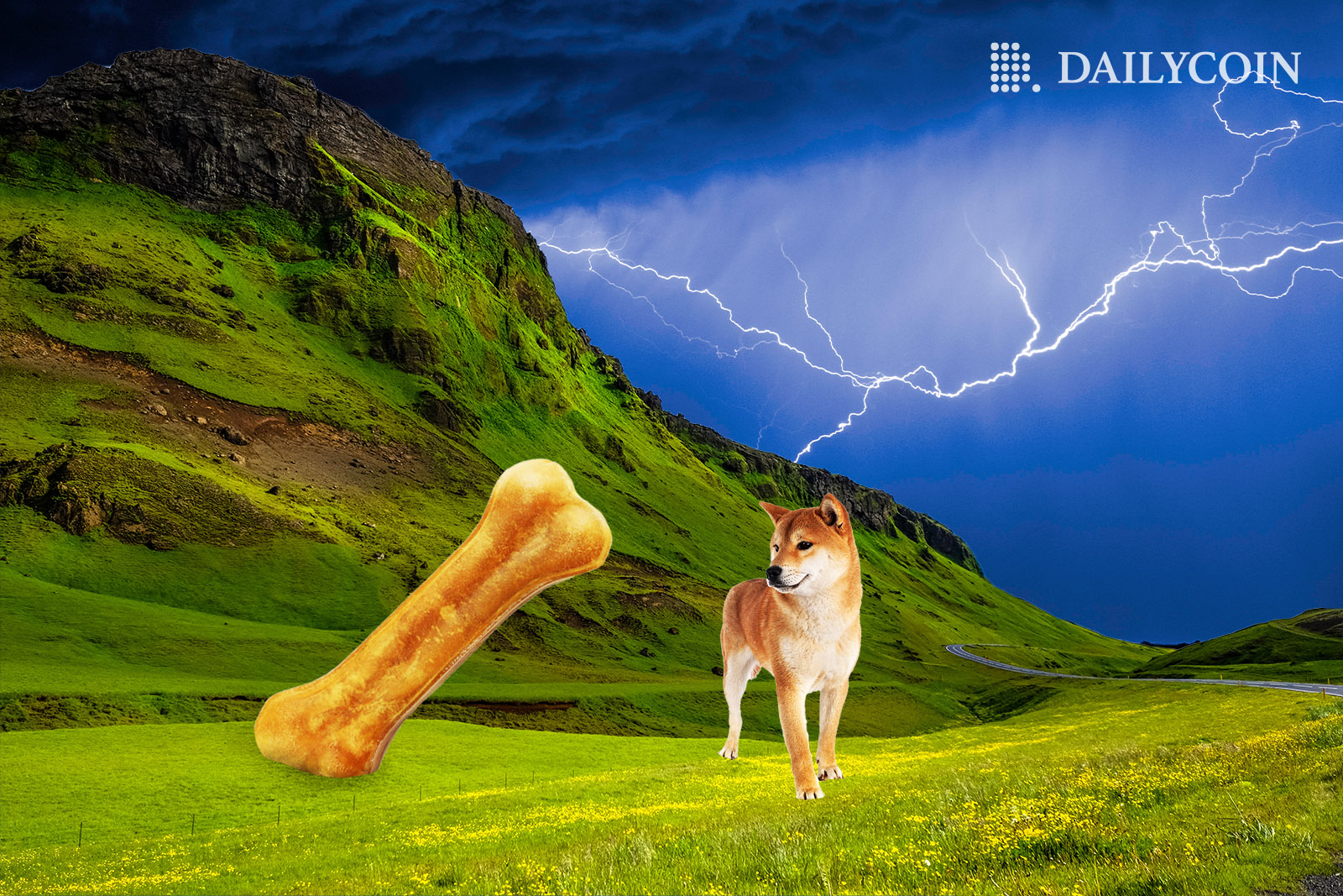 Shiba Inu walking in a green field smiling at a big tasty BONE as lightning emerges in the background.