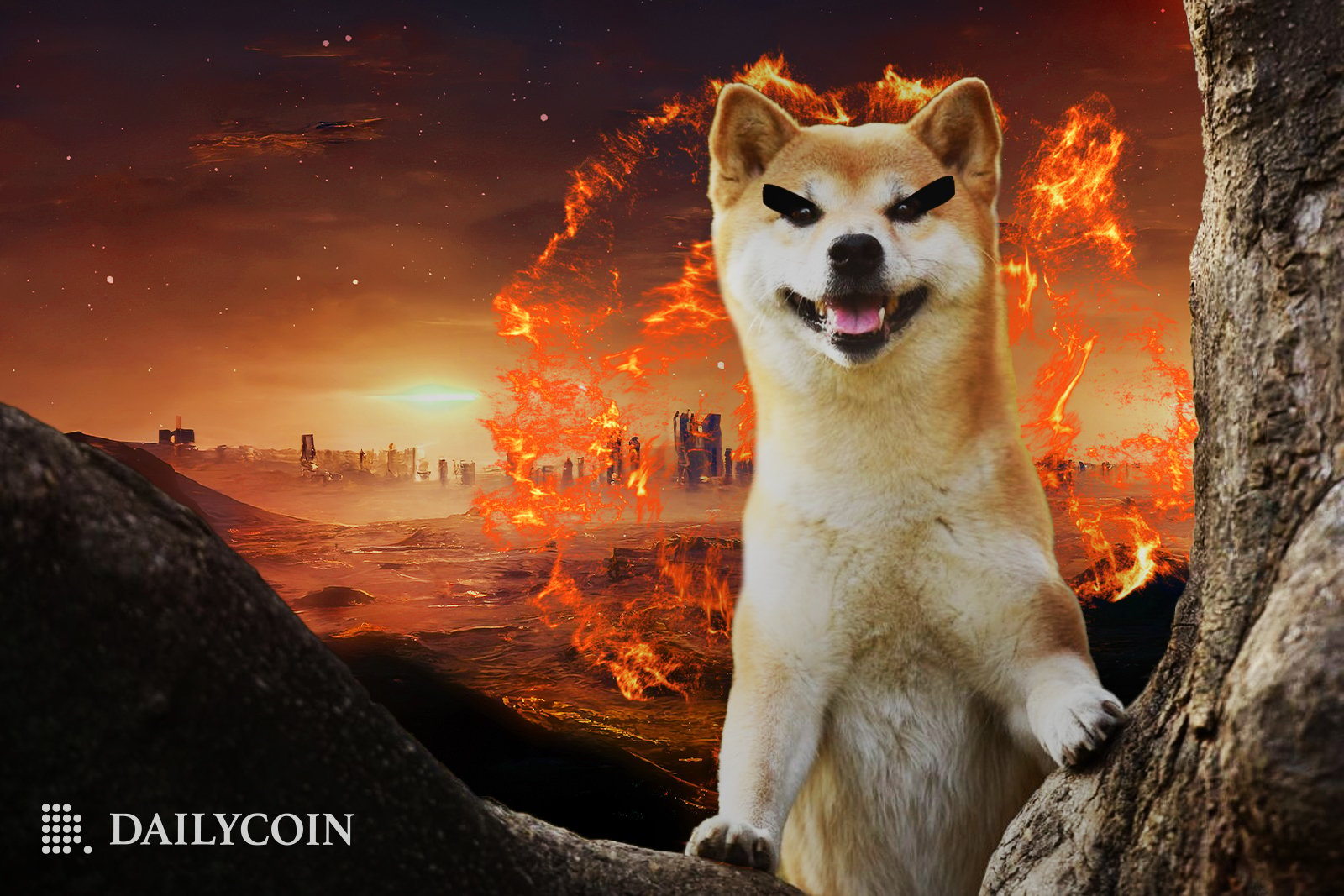 Shiba Inu dog with fox eyes and a sly smile sitting on a tree branch as Shibarium continues to burn in flames.