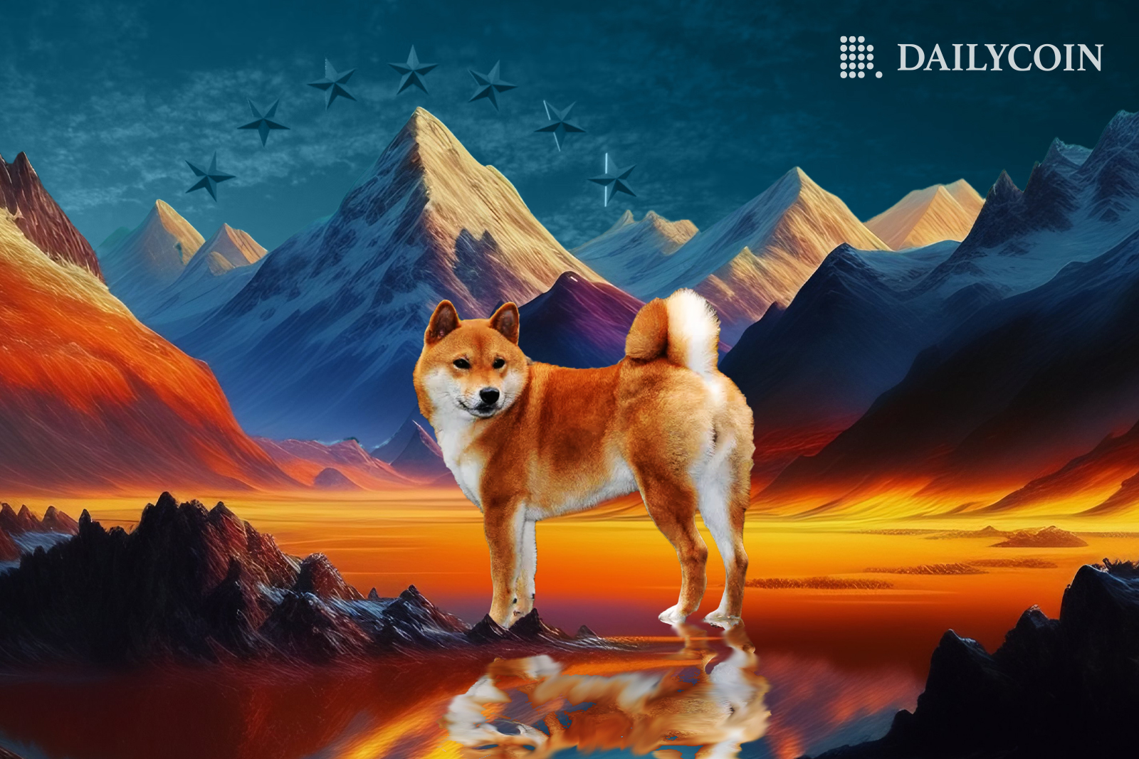 Shiba Inu dog standing in the middle of a lake as Paramount stars are hovering on top of a big mountain.