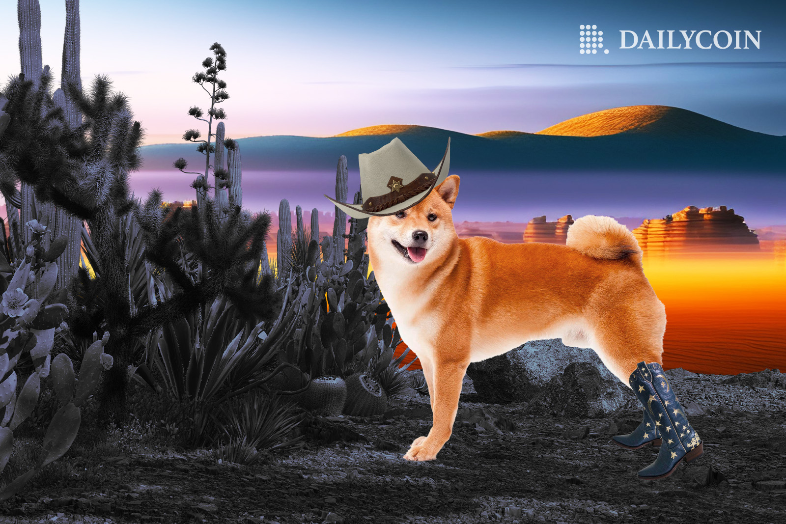 Smiling Shiba Inu dog with a cowboy hat and cowboy boots ready to appear in Austin, Texas.