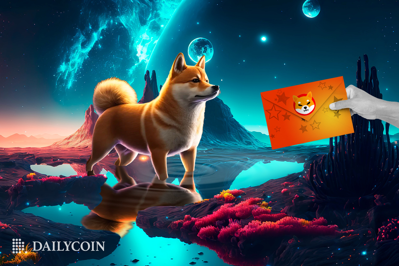 Shiba Inu dog is traveling the hills in the metaverse to be handed an orange invitation to Shibarium Beta.