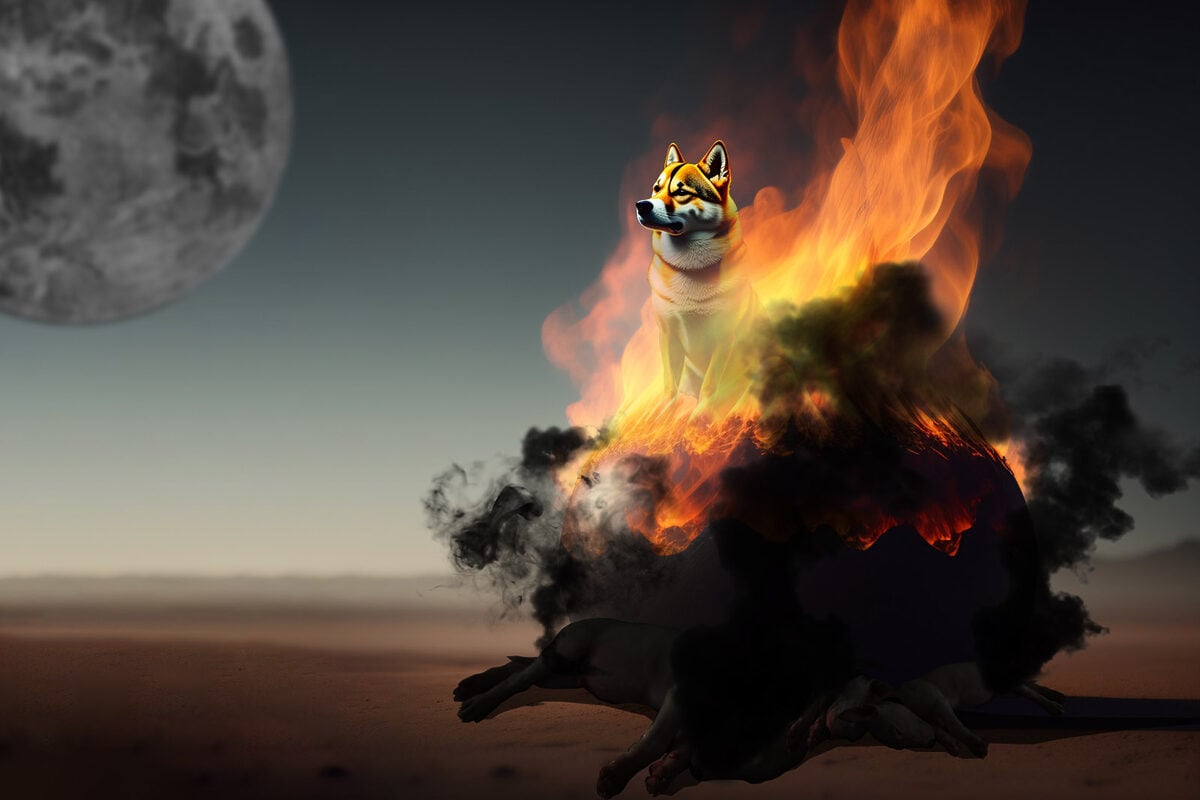 Animated Shiba Inu dog emerging from the flames, looking at the gray moon.
