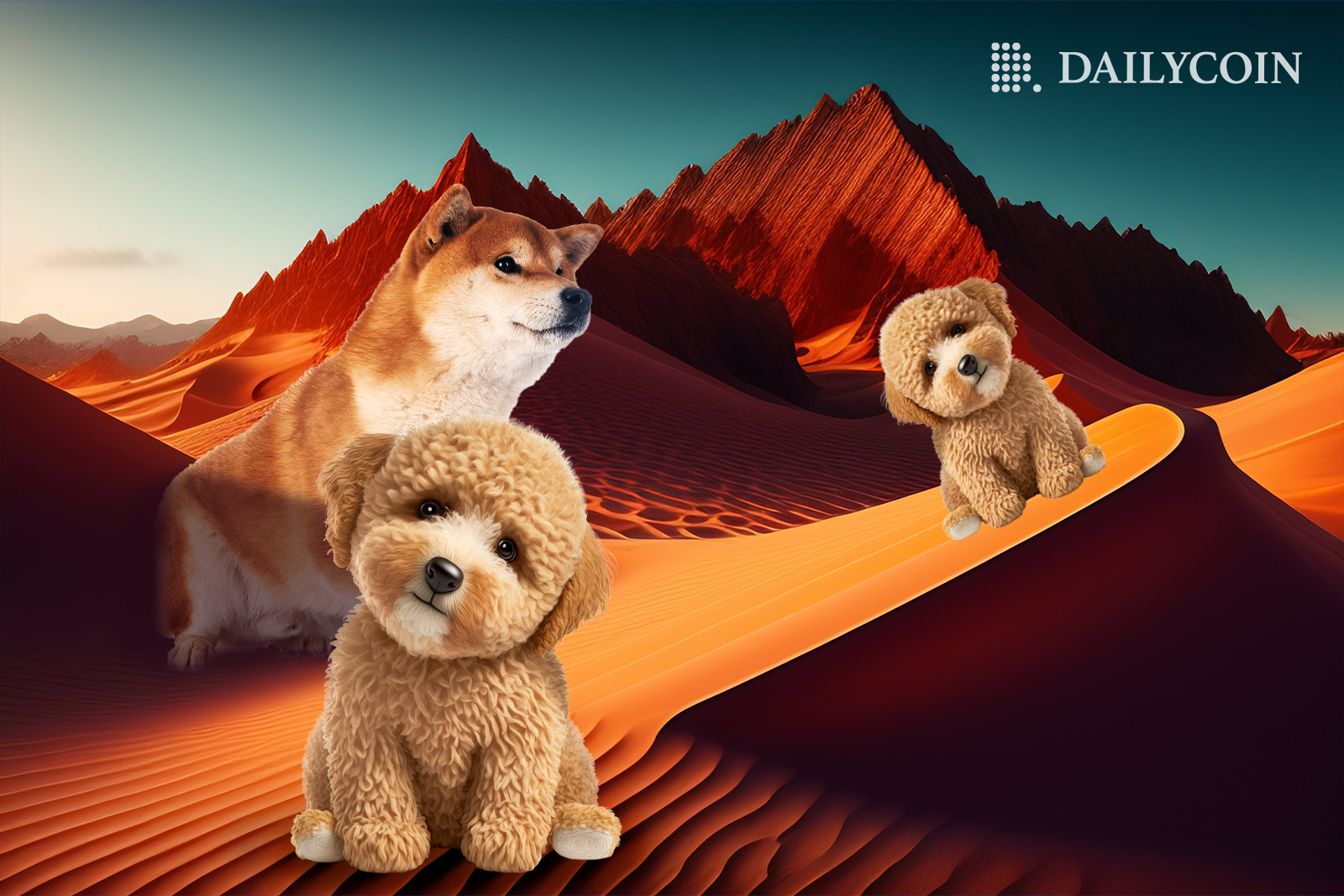 Big Shiba Inu dog is staring at two fluffy puppies in Shibarium's orange sandhill setting.