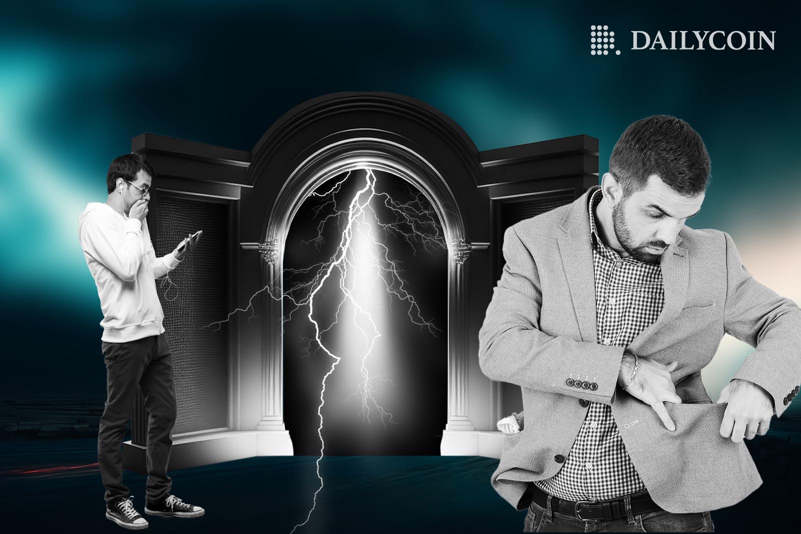 Two men stand in front of a silver gate that has a storm inside it. One man is checking his pockets, finding the empty. The other is checking his phone and gasping in shock.