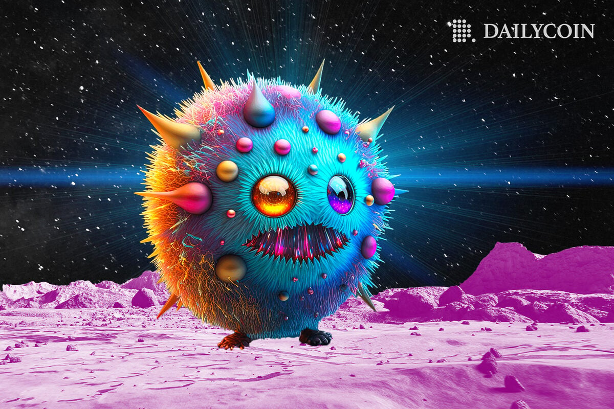 Blue, round and fluffy monster standing on a pink alien planet.