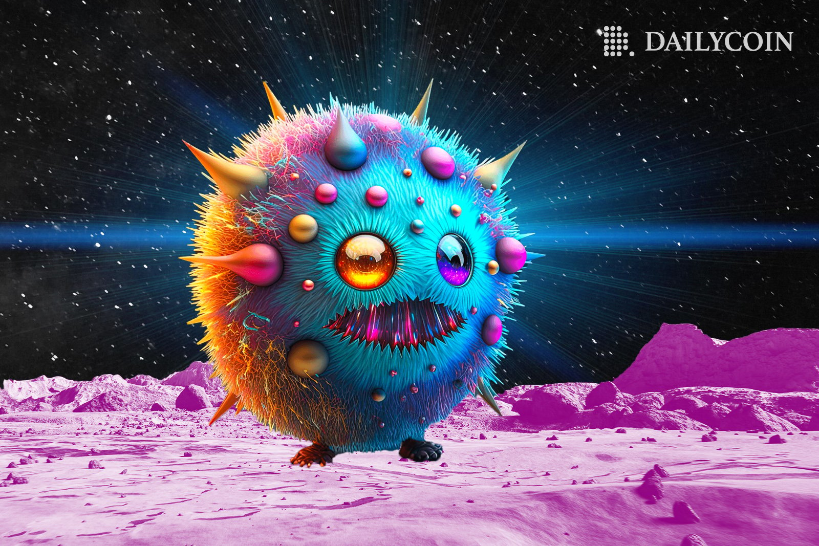 Blue, round and fluffy monster standing on a pink alien planet.