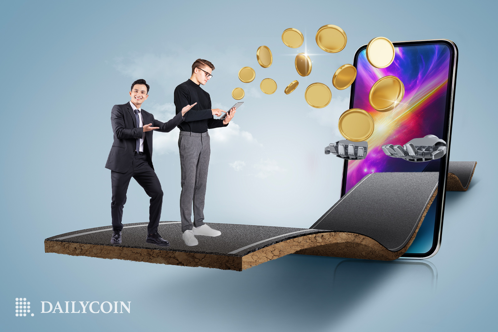 Two man standing on top of a detached road leading towards the phone collecting crypto coins.