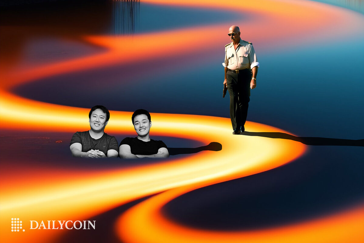 TerraForm Labs co-founders Do Kwon and Daniel Shin smiling while drowning in an orange swamp as the Singaporean Police is looking for them.
