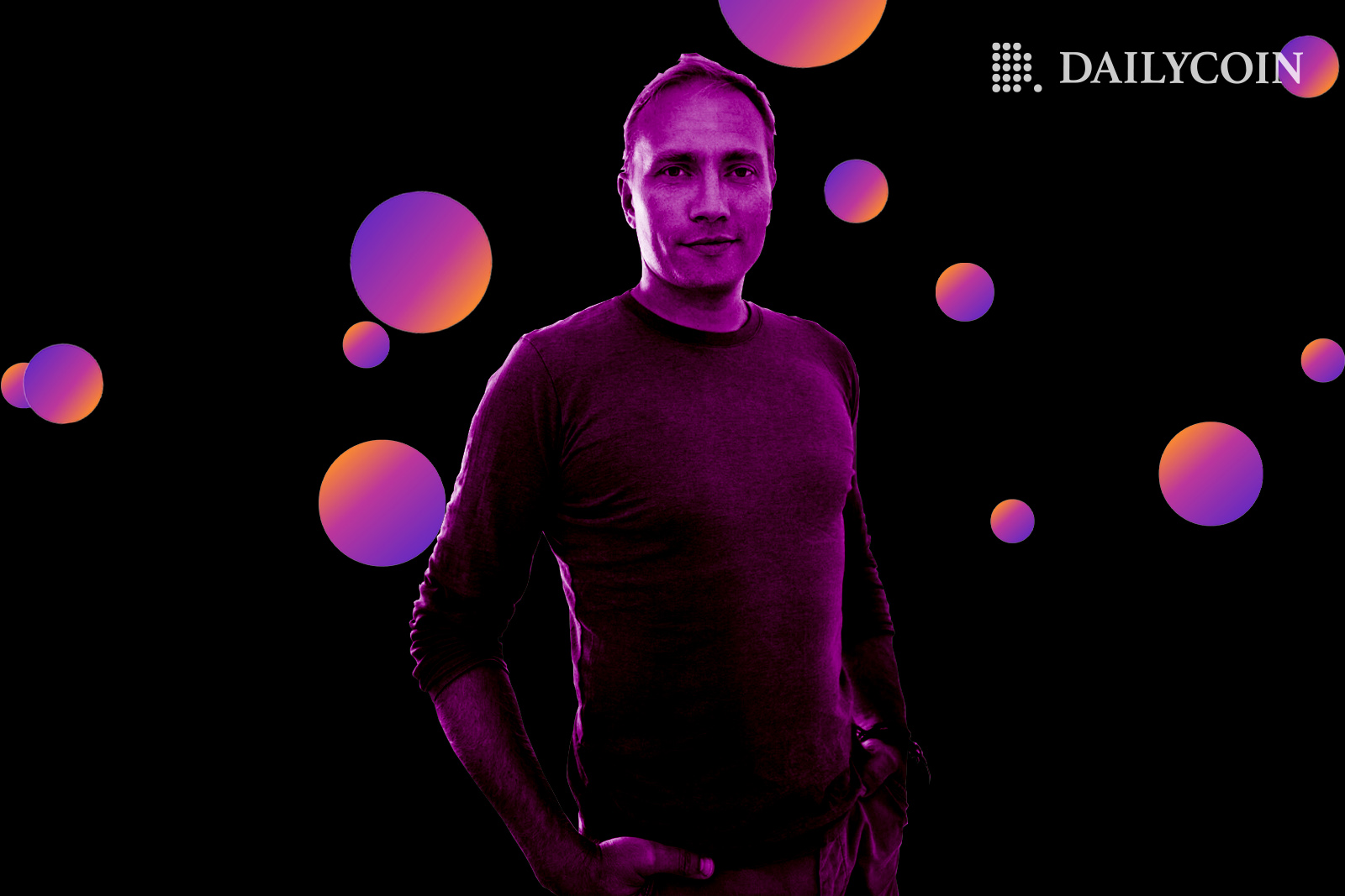 Sweatcoin founder Oleg Fomenko standing in a black background with purple bubbles.