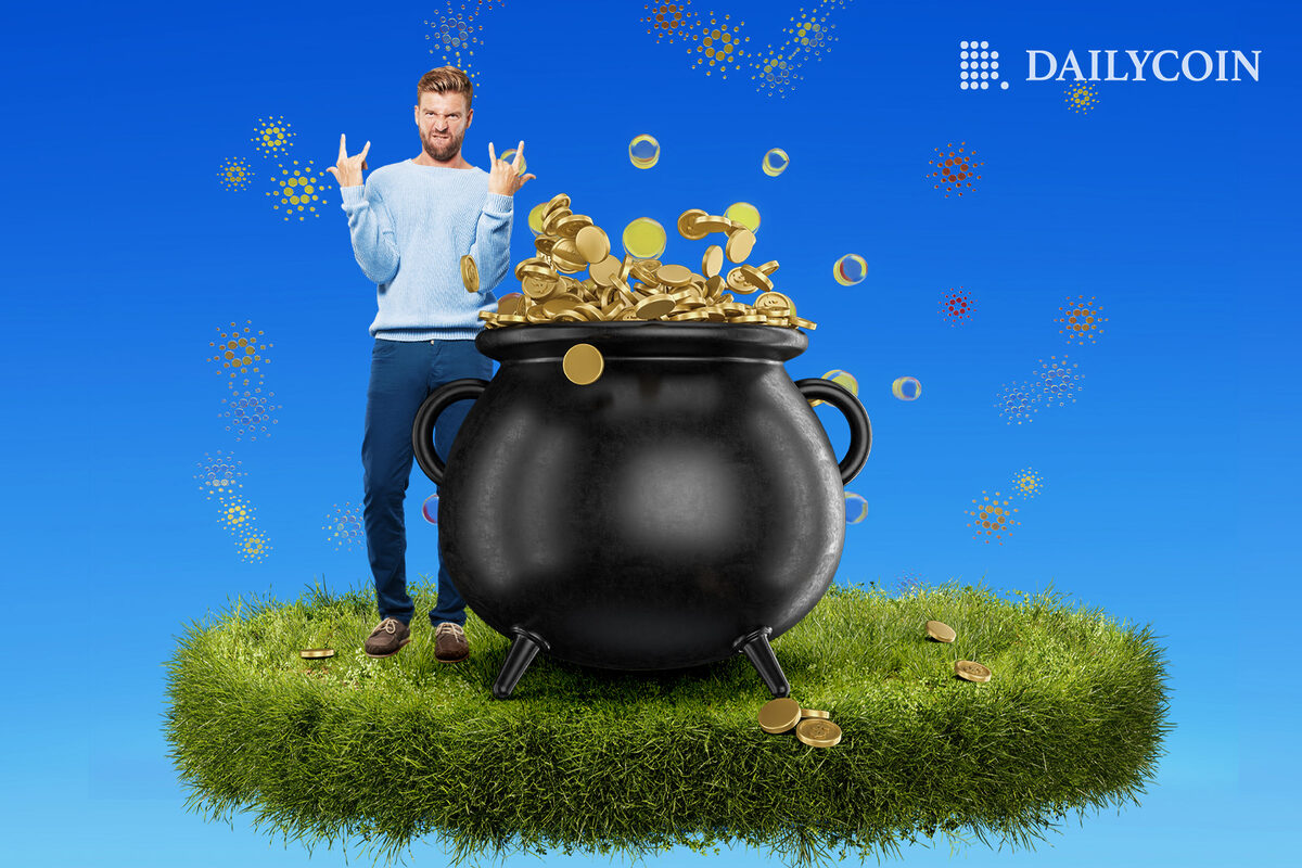 Cardano pot of gold on a grass glade floating in mid-air with happy Cardano community member