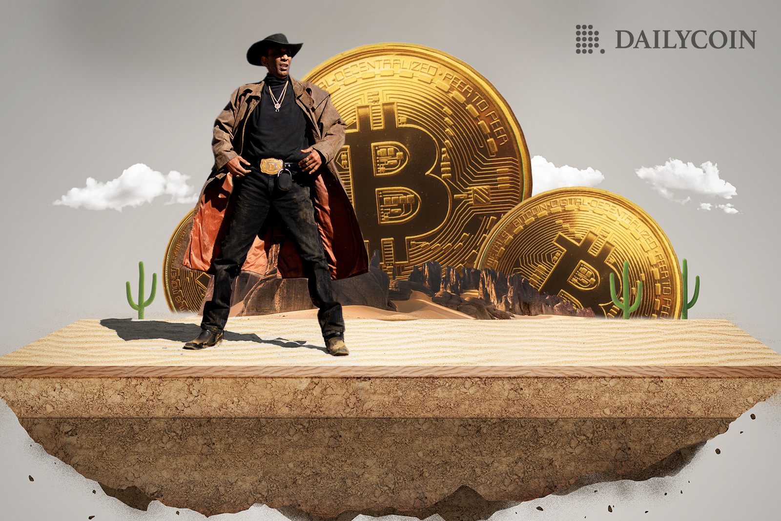 Cowboy standing in front of giant Bitcoin sign in the middle of the desert.