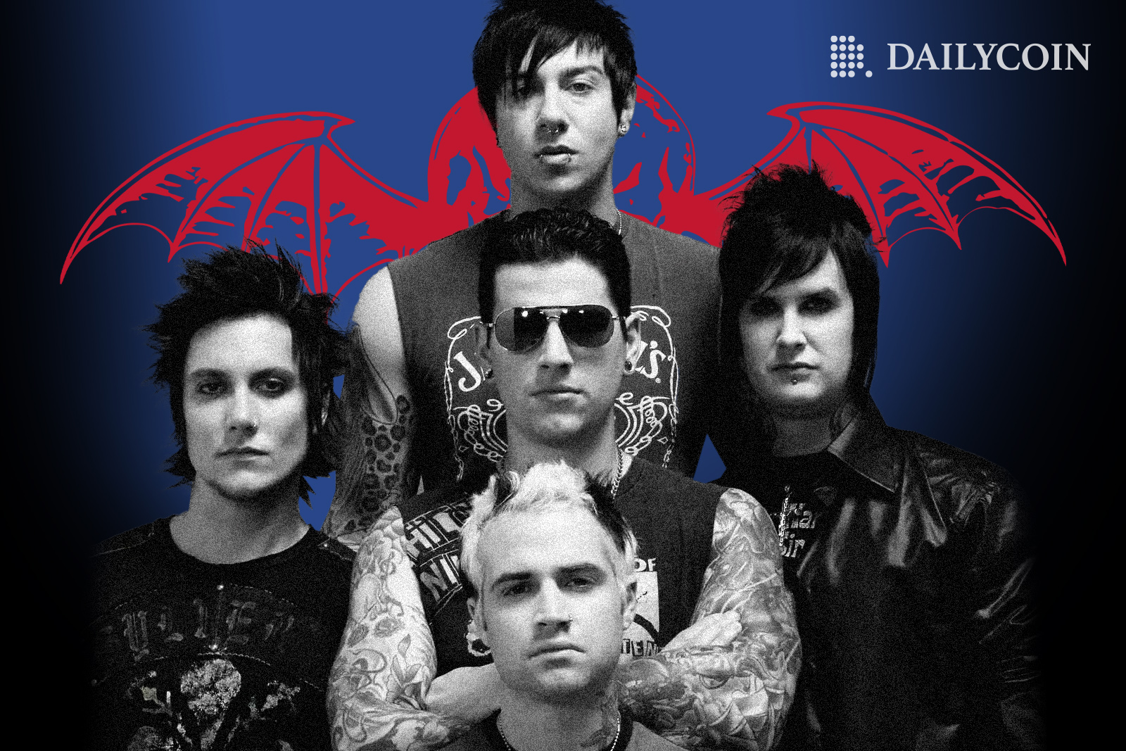 Members of the Hard Metal band Avenged Sevenfold are standing in front of t heir Ticketmaster NFT widget.