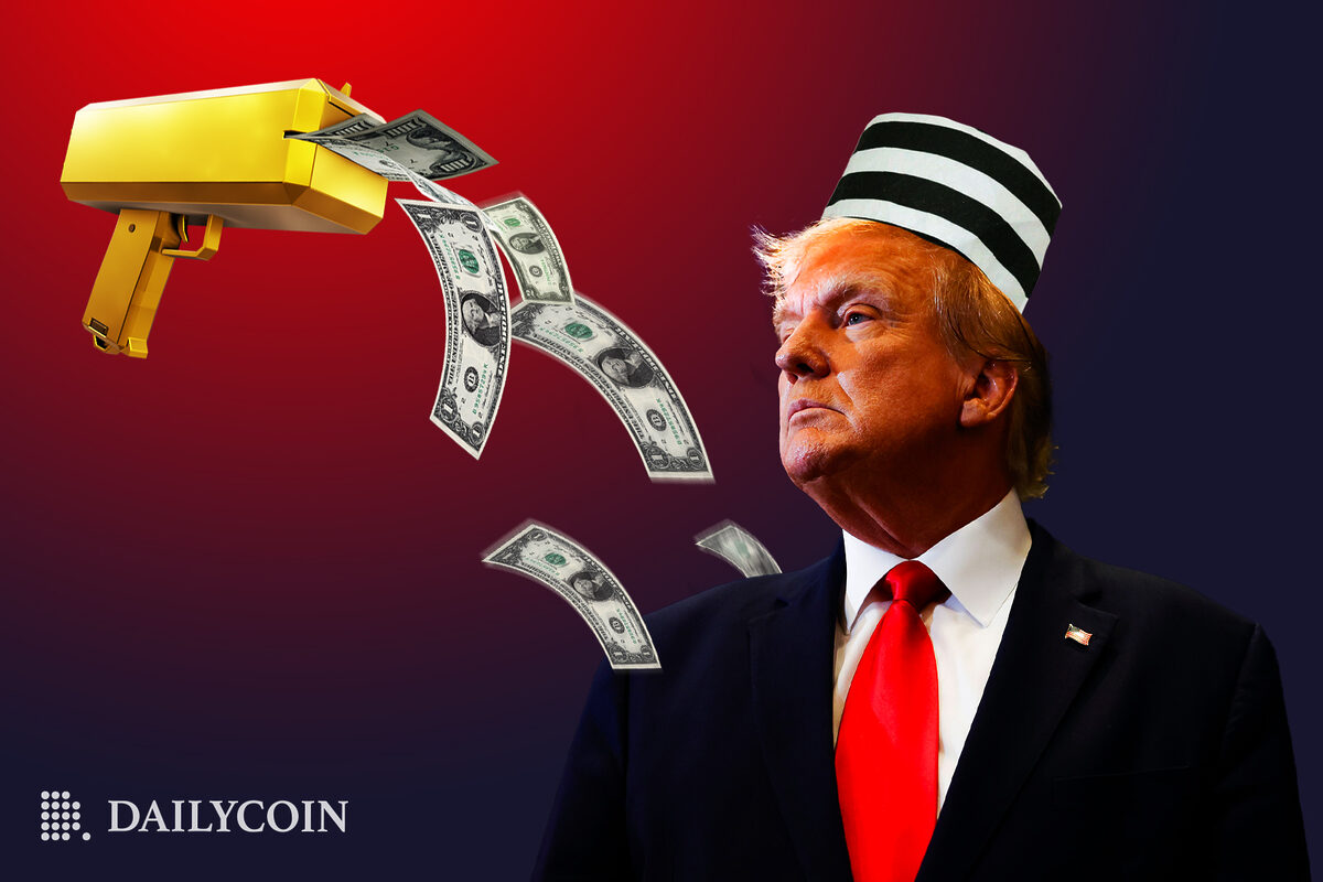 Money is being printed out on Donald Trump's shoulder as he's proudly standing wearing a prison hat.