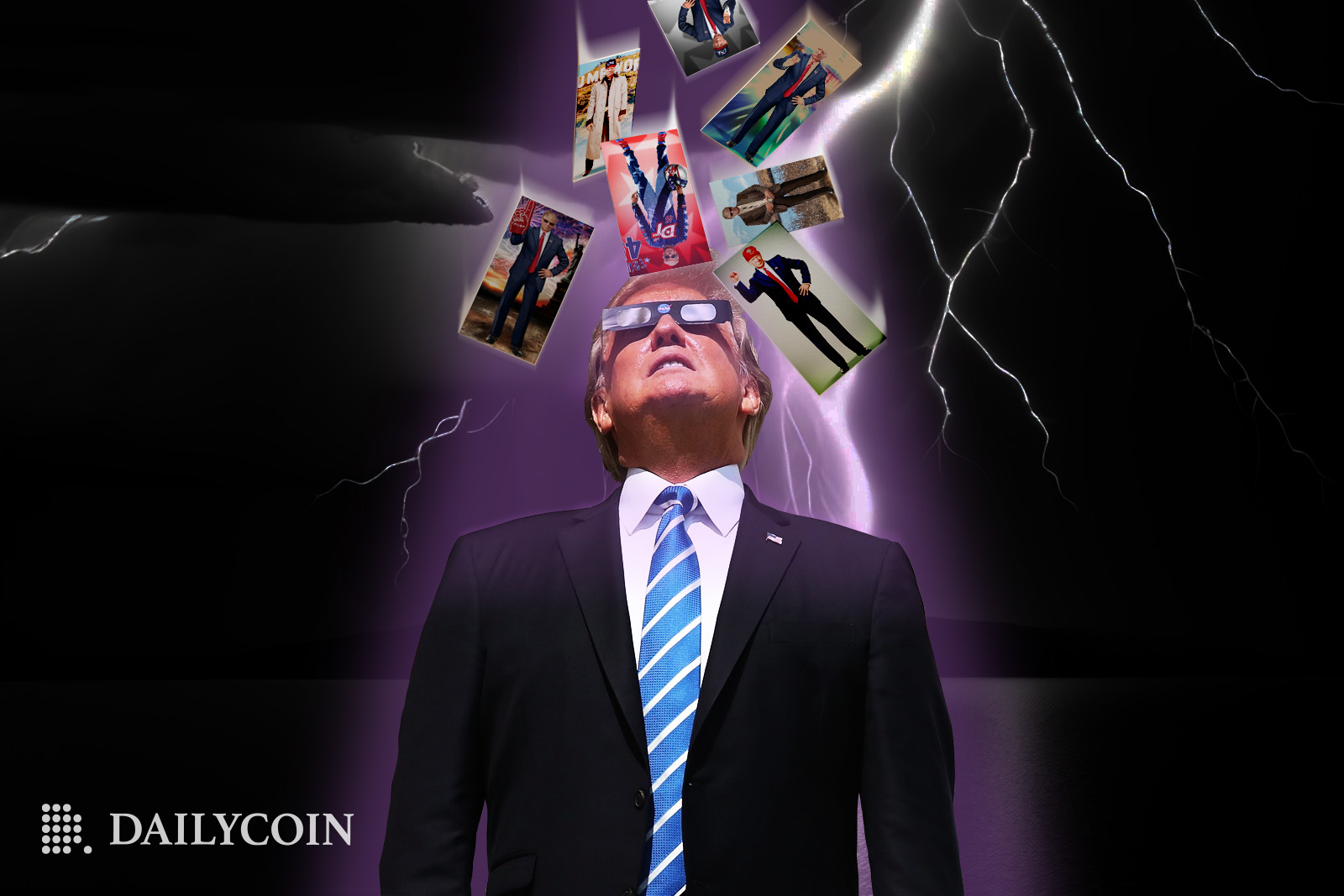 Trump Cards are falling down from the sky as former president Donald Trump looks up with cool sunglasses.