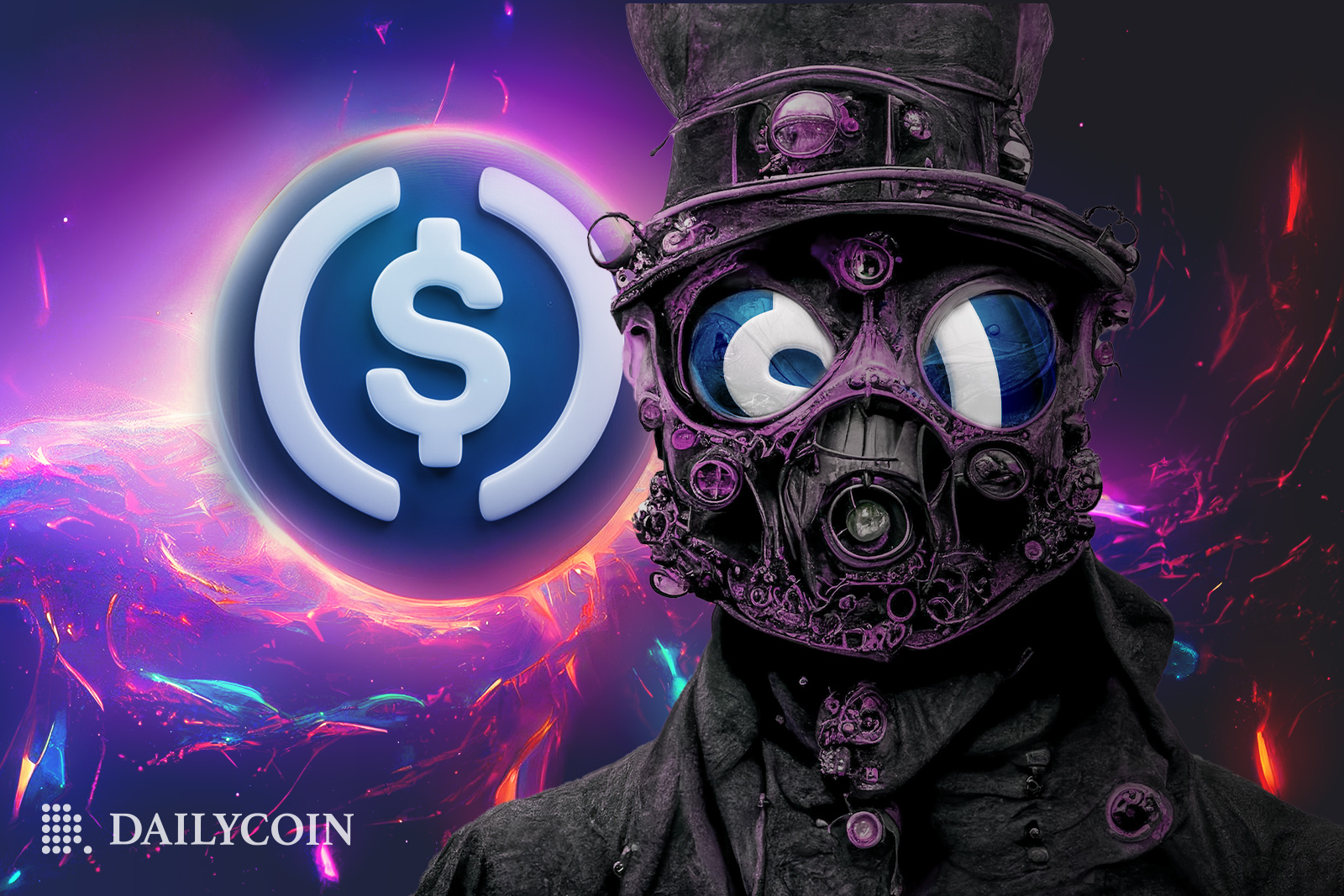 Cyberpunk man with mask in front of a USDC token.