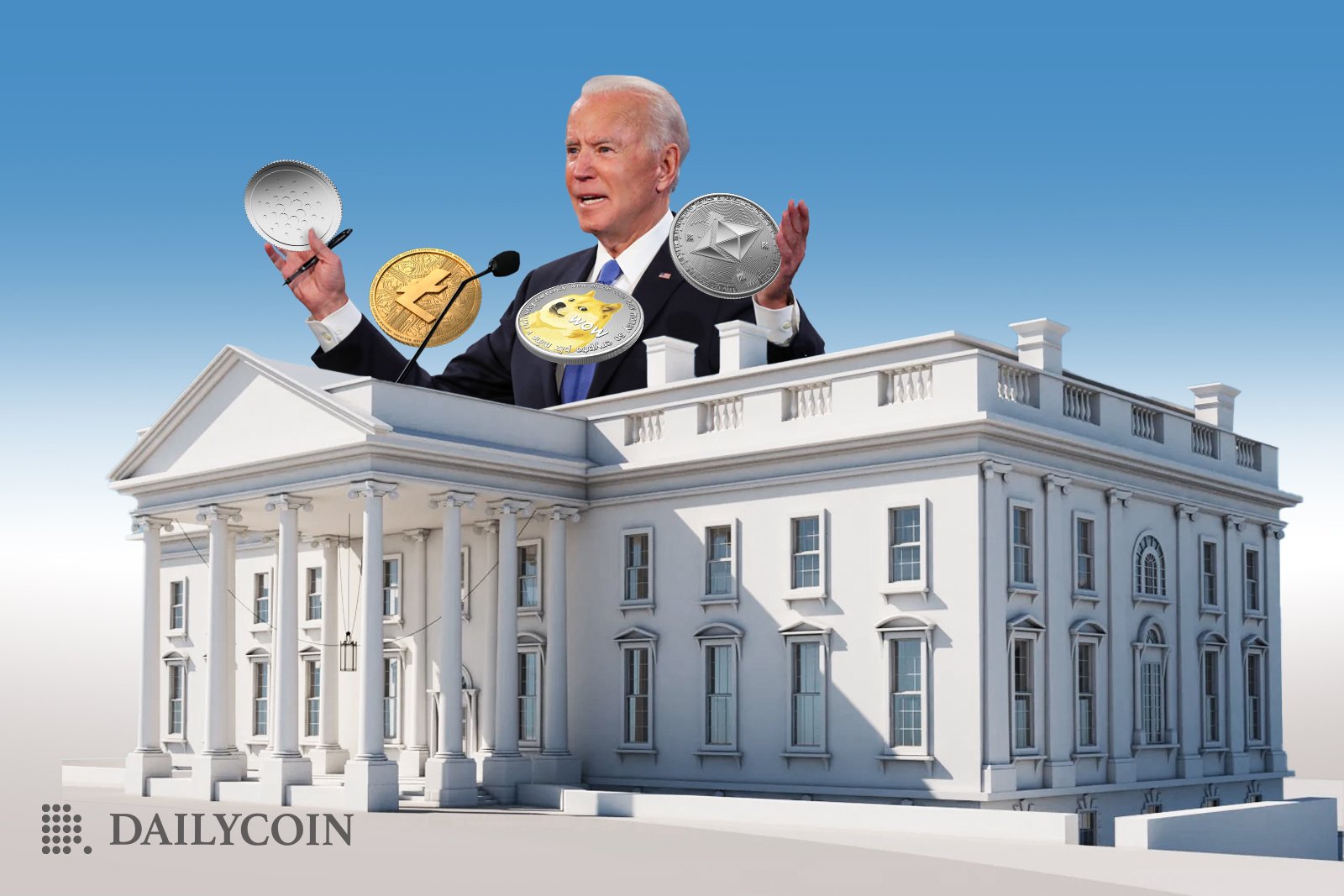 Biden on top of the Whitehouse holding cryptocurrency.