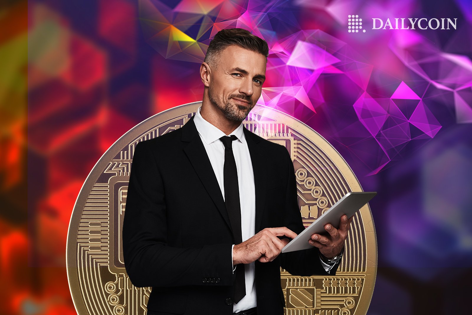 A man in a suit holding a tablet in front of a giant golden CBDC coin.