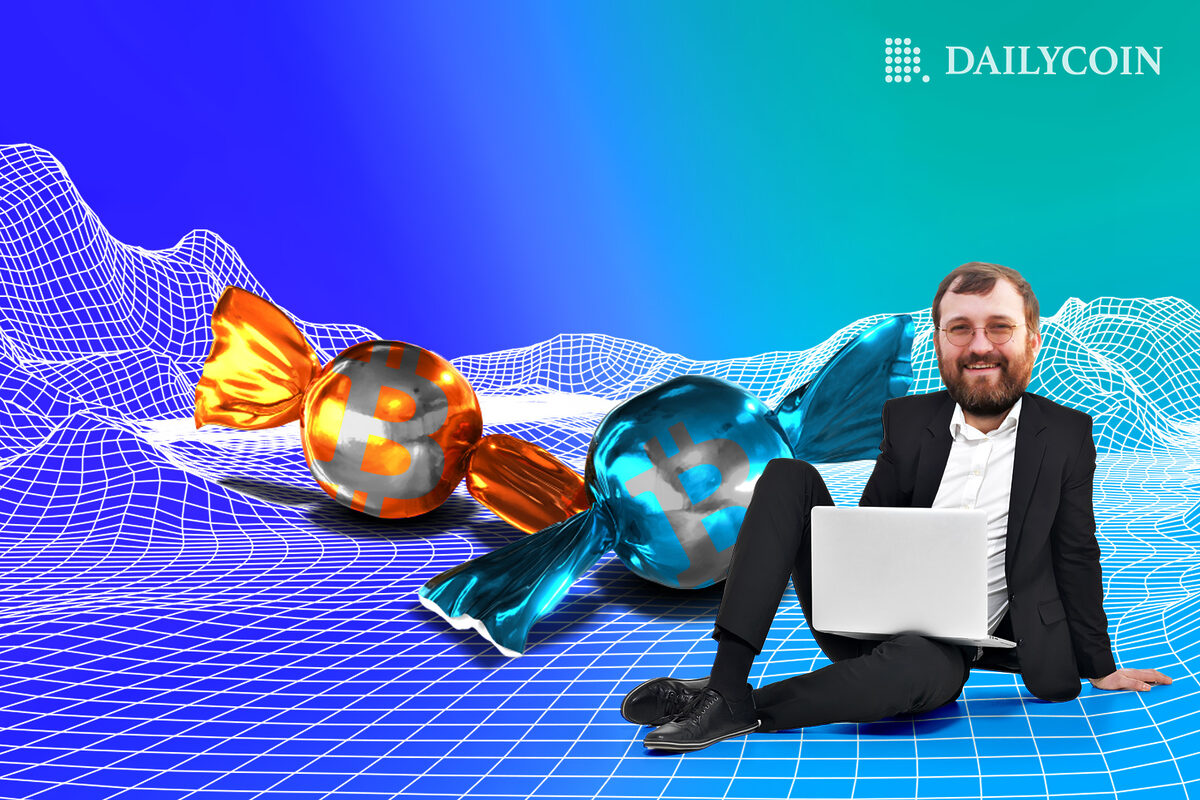 Charles Hoskinson with a laptop in front of wrapped Bitcoin (BTC) candies vaporwave