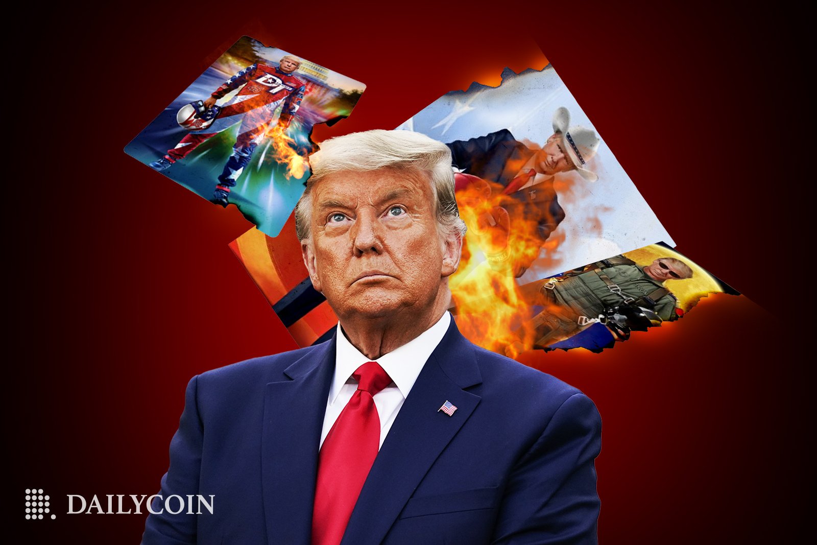 Donald Trump is watching over Trump posters on fire floating around on a dark red background.