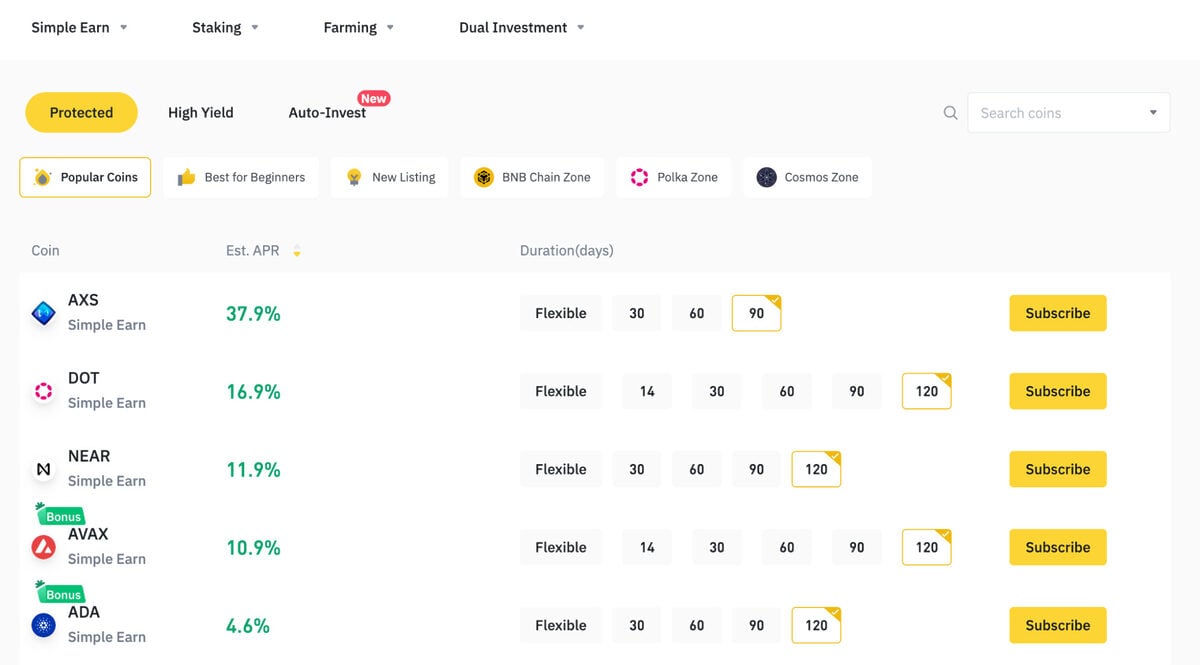 Screenshot Binance Earn UI