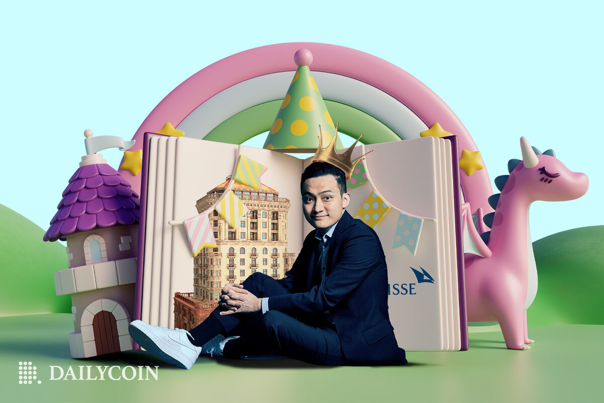 Justin Sun in a fairytale land, next to a big picture book with castles and toys, representing a web 3.0 bank.