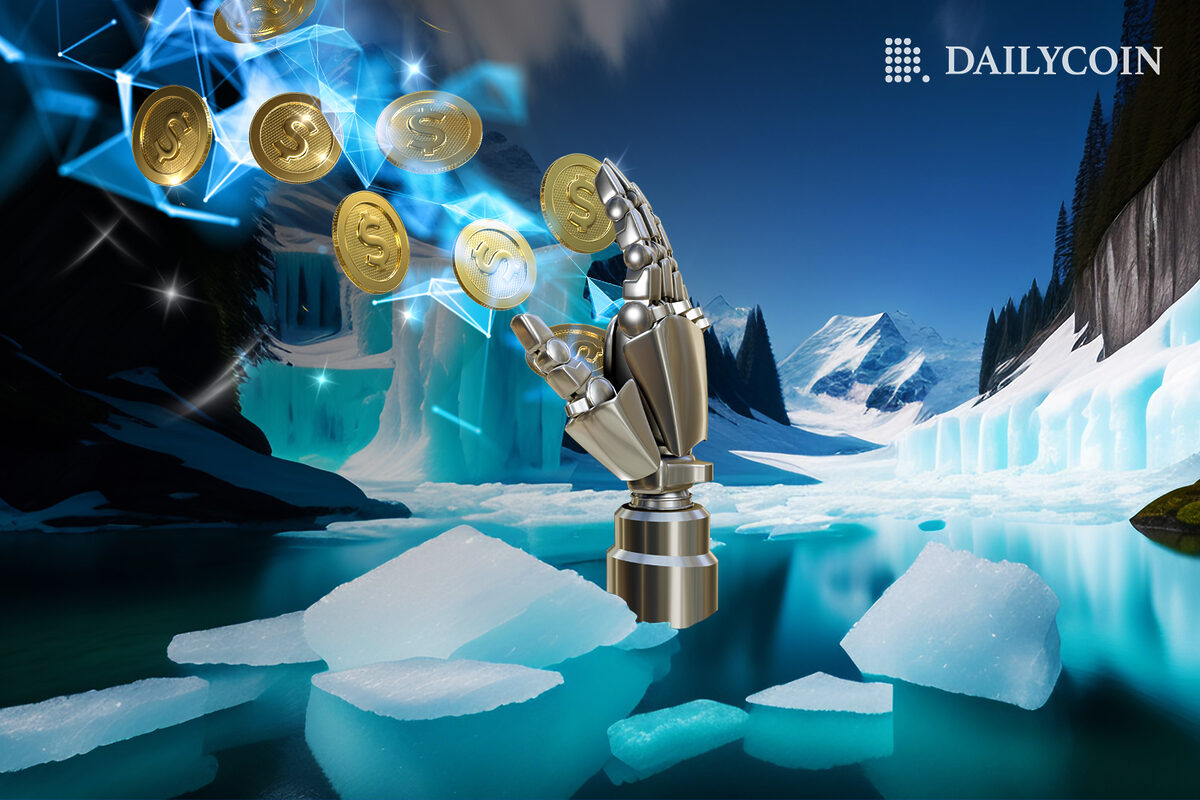 A robot hand rising from frozen lake grabbing falling crypto coins.
