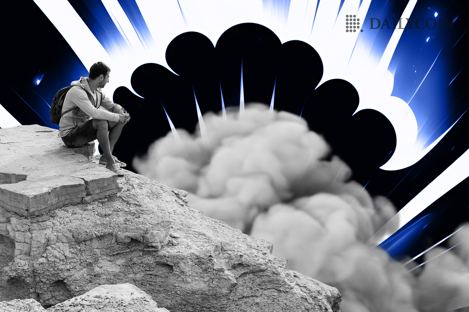 A man sitting on the edge of a cliff and staring at a dust cloud.