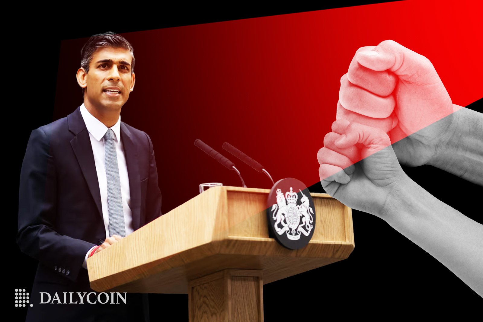 Rishi Sunak is giving a speech to an angry pair of hands.