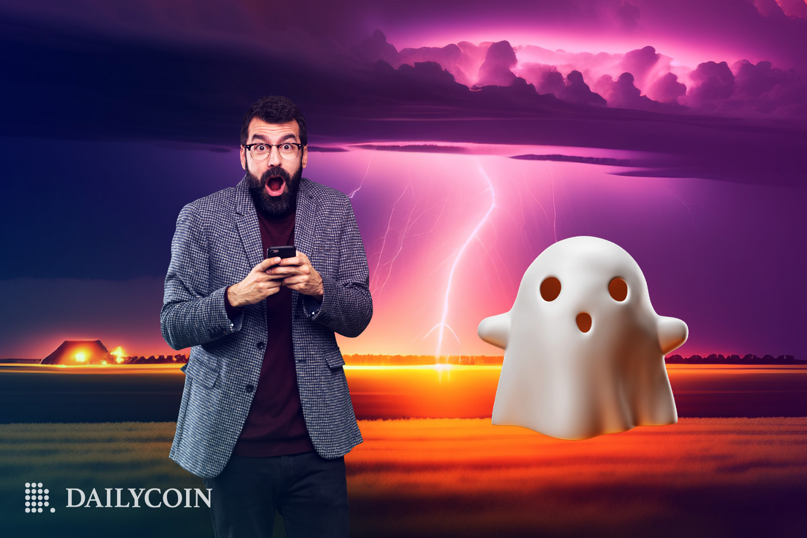 Man shocked holding a phone next to a cute small white ghost in front of a storm with lightning.