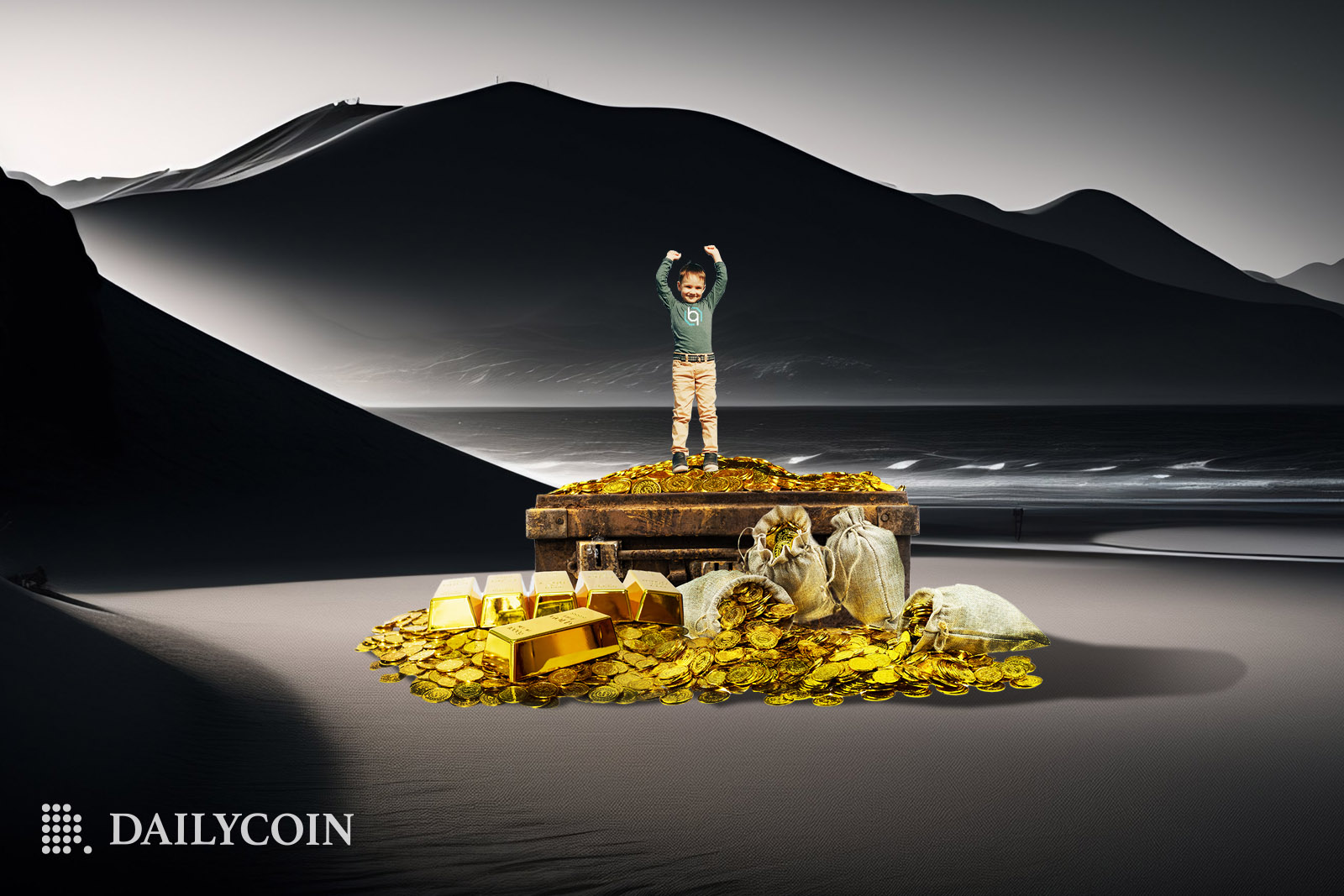 Kid standing on a treasure in the middle of a gray valley.