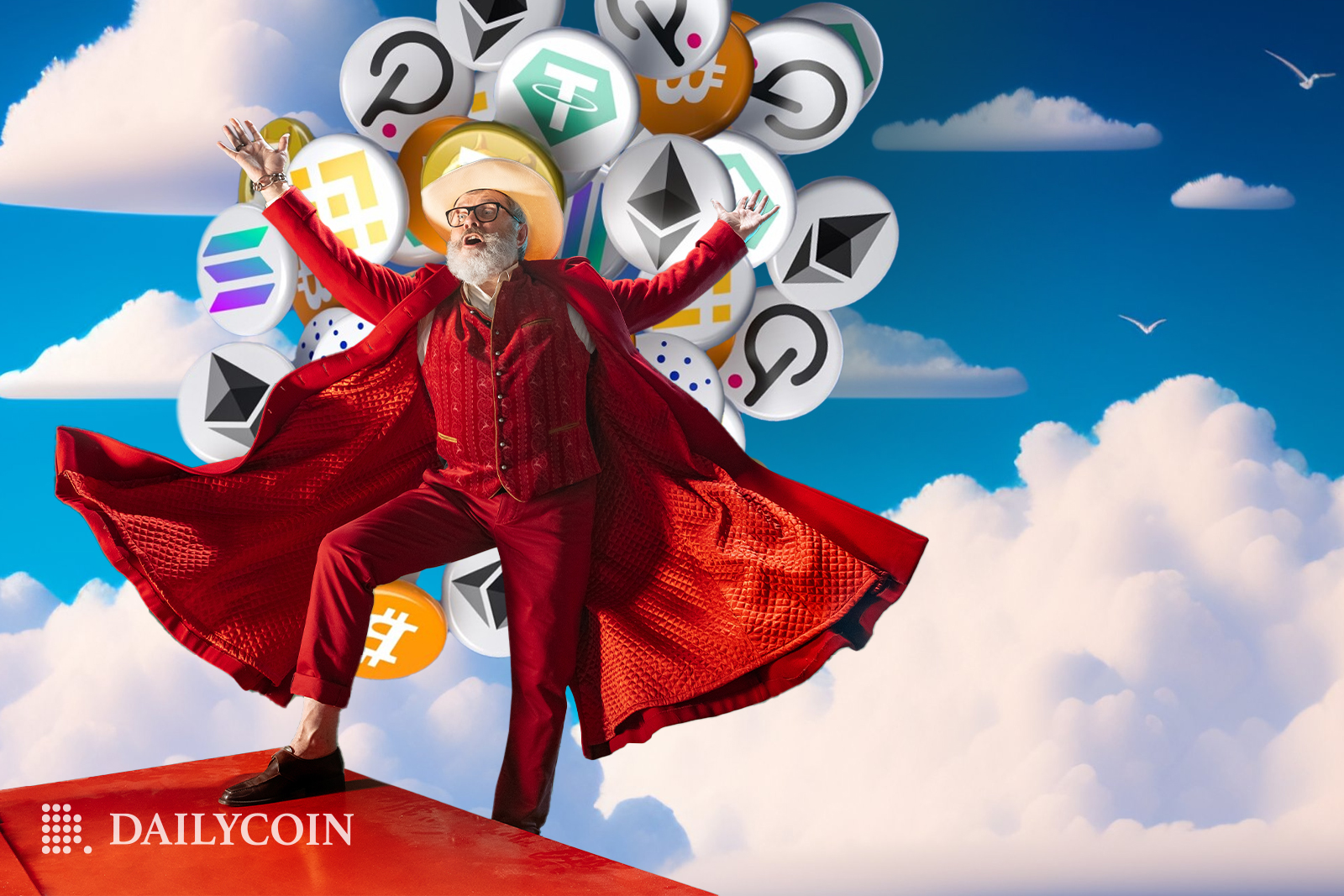 An old man wearing a red costume and an off-white cowboy hat performing on a red platform in front of a bunch of altcoins.