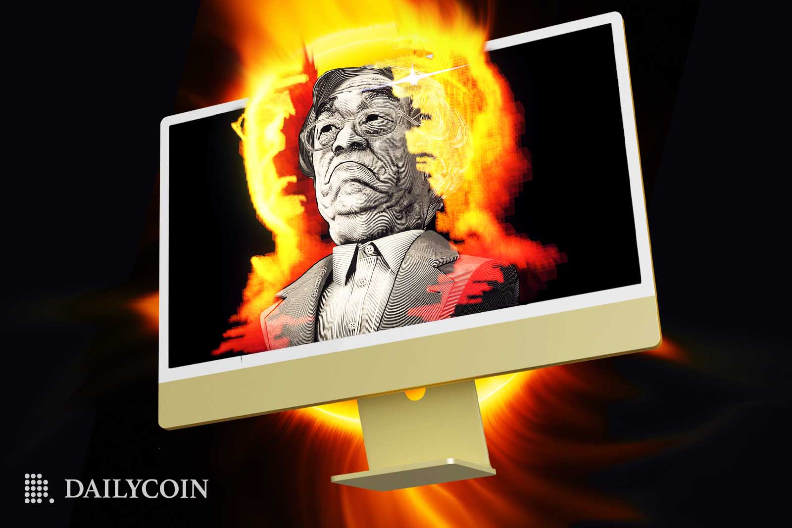 The flaming head of Bitcoins pseudonym creator Satoshi Nakamoto appearing on the screen of an Apple computer