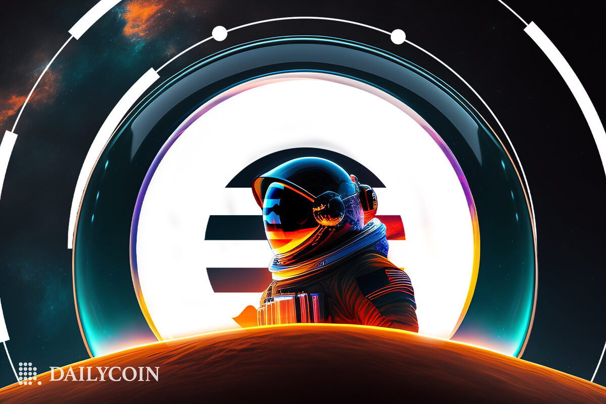 An astronaut in a space suit is standing behind an orange globe and Aptos logo background.