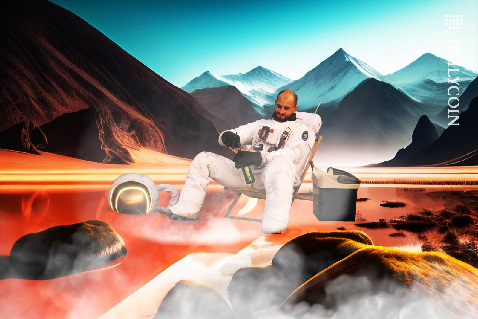 Astronaut relaxing at an alien swamp with red water surrounded by mountains.