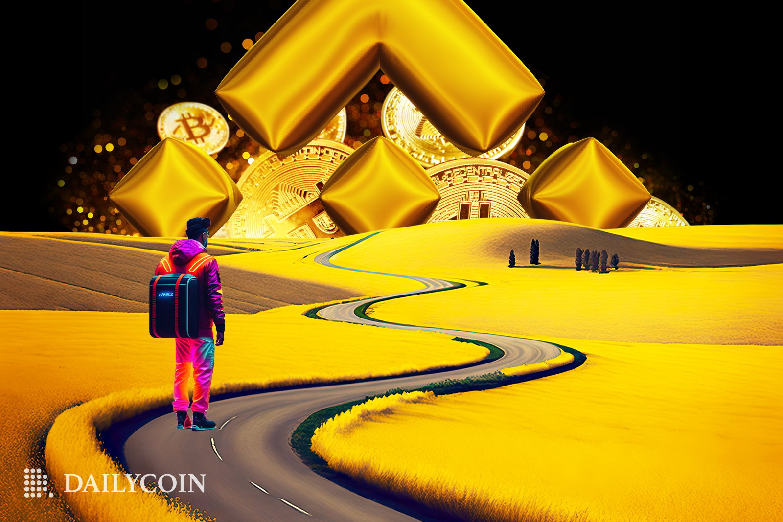 Man wearing colorful clothes traveling down a road towards huge Bitcoins and golden Binance logo.