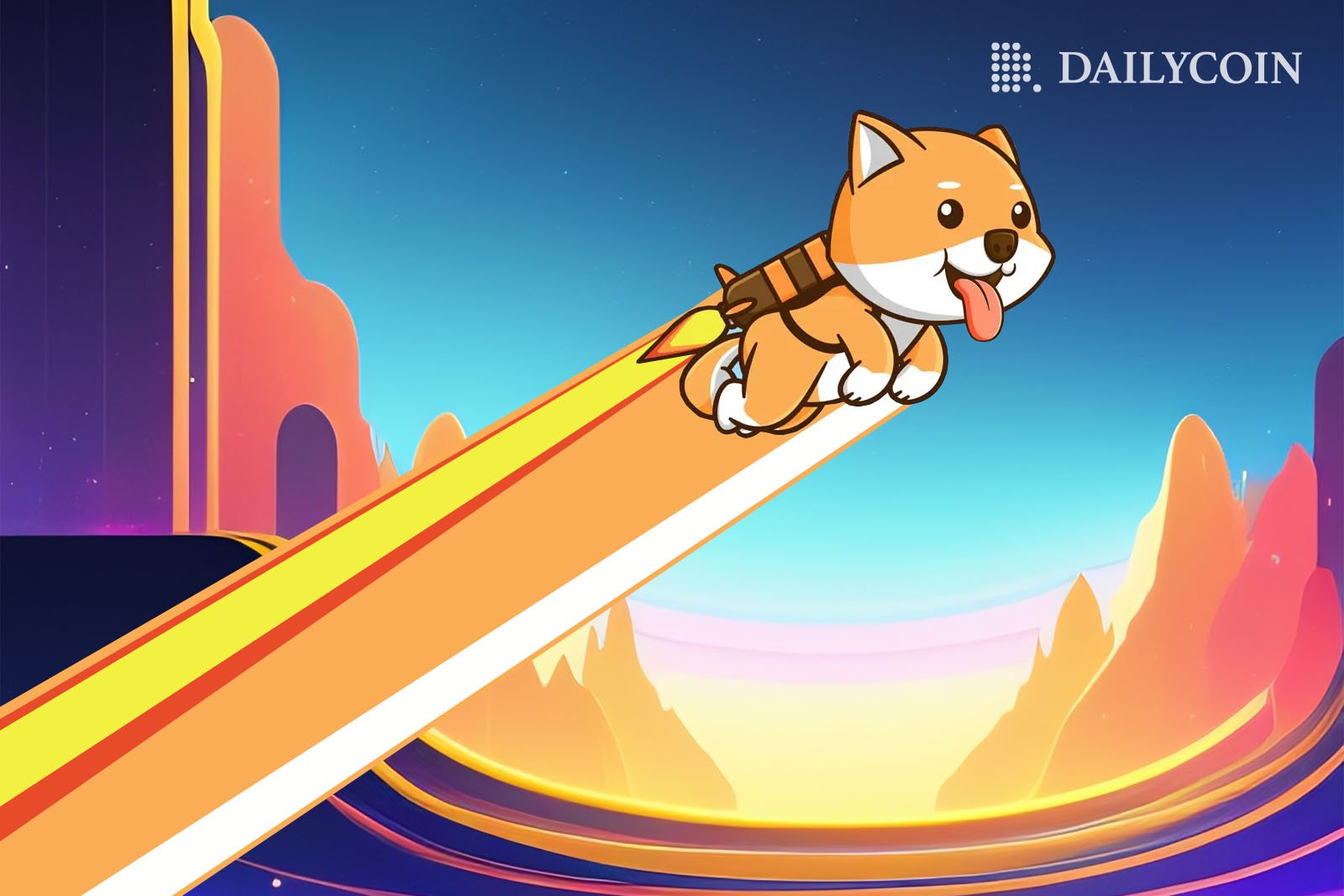 Happy orange BabyDoge dog with tongue out flying on a powered up jetpack to the moon.
