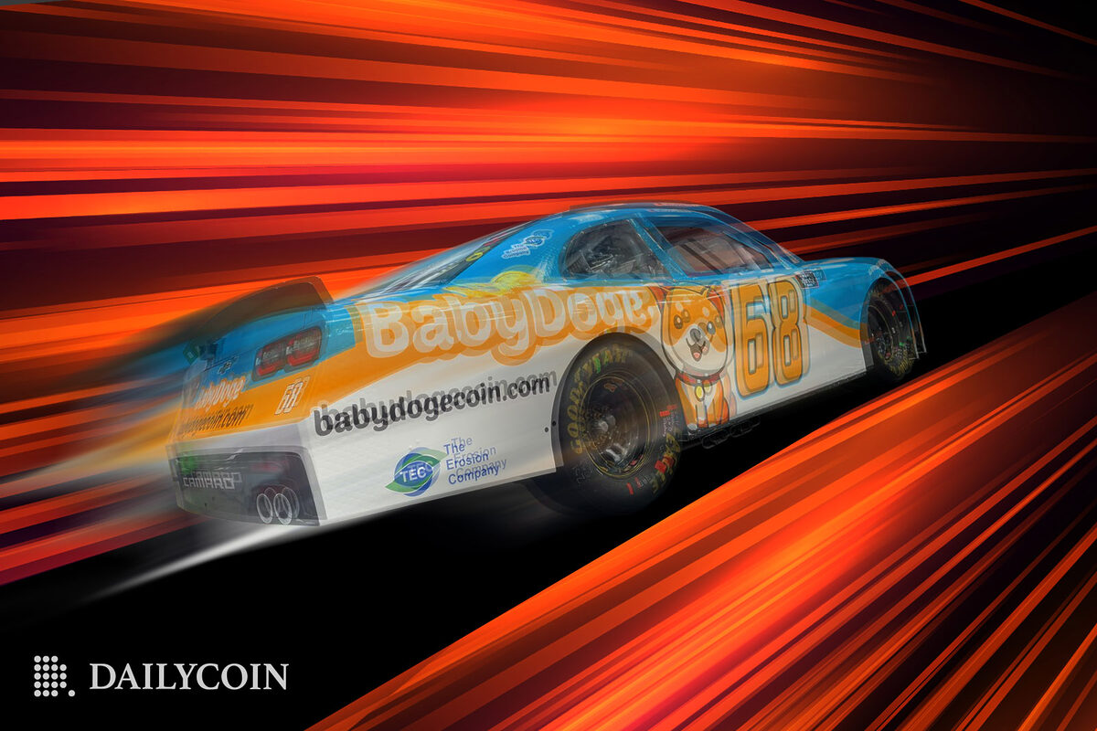 Baby Doge Coin Nascar is going fast in an orange and black laser background.