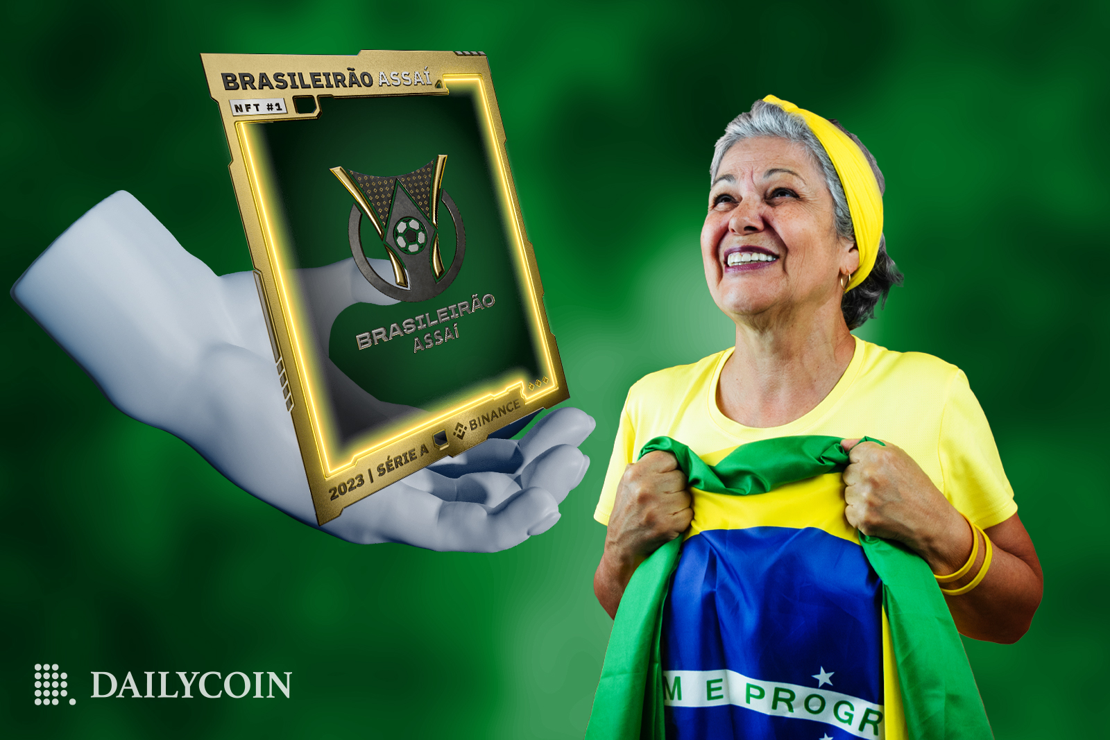 Happy Brazilian fan with the flag of Brazil in her hands is looking at the Binance free NFT collectible in a green background.