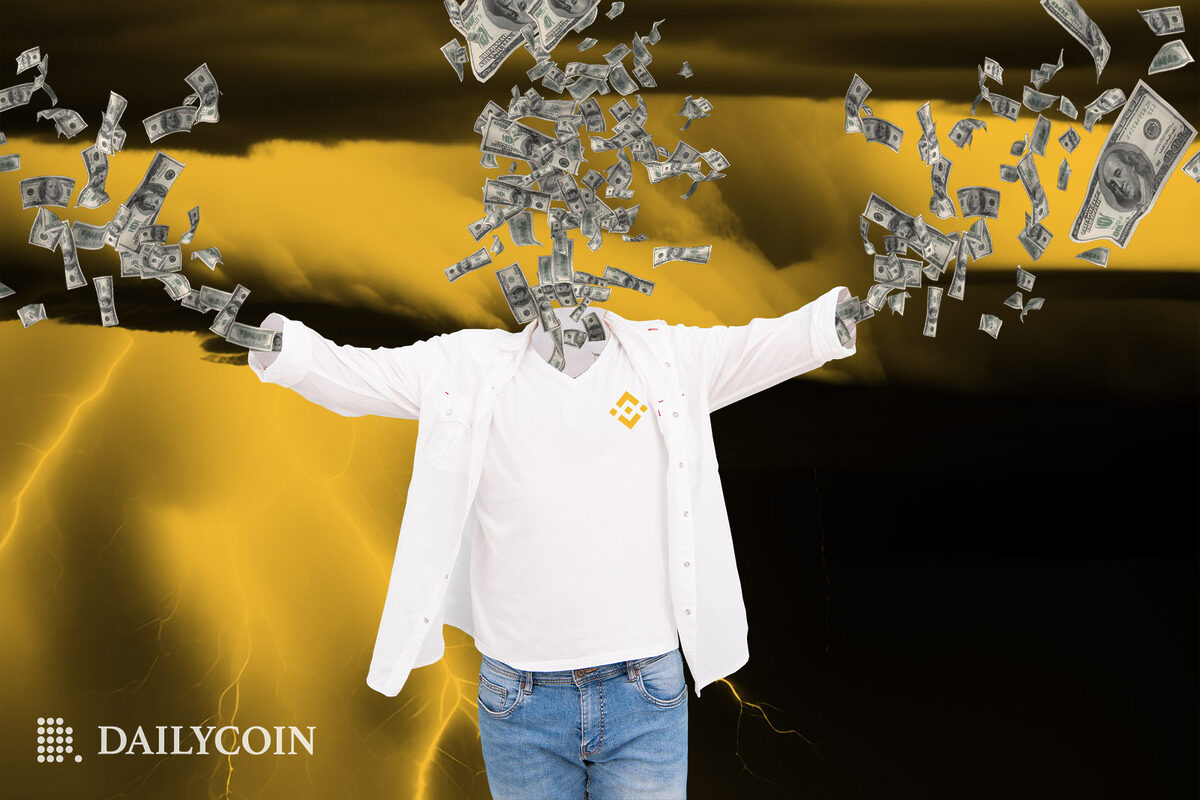A man wearing white t-shirt with Binance logo exploading into money.