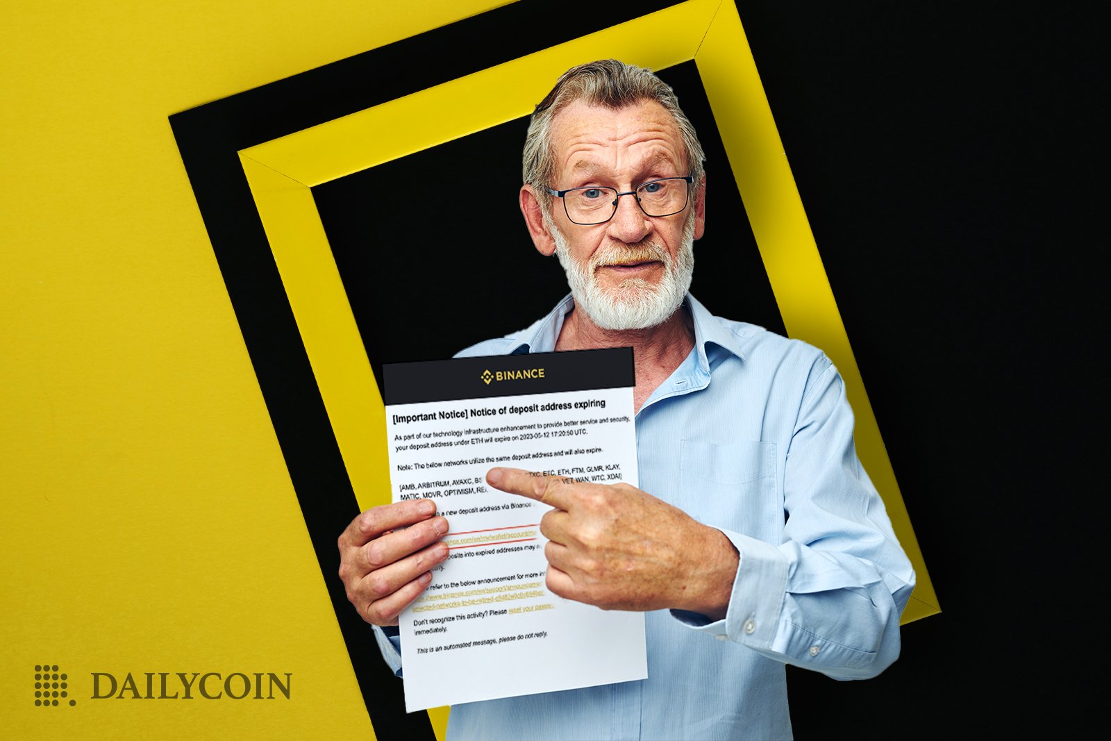A senior retired citizen pointing at Binance official notice of deposit addresses expiring.