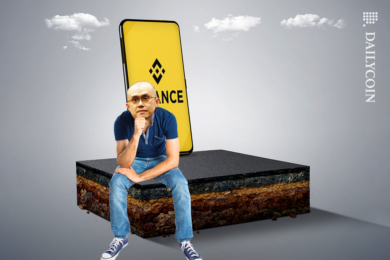 Sad Changpeng Zhao sitting on a chocolate cake slice next to a phone displaying Binance logo.
