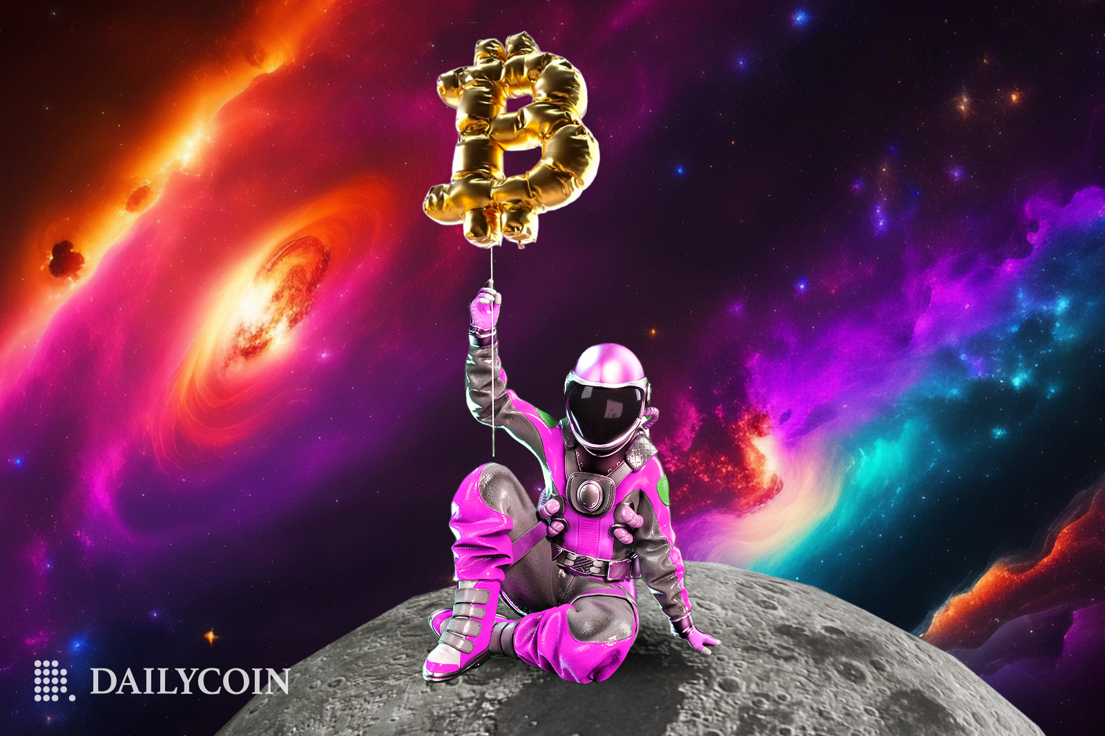 An astronaut in a pink suite sitting on the moon with a Bitcoin (BTC) balloon