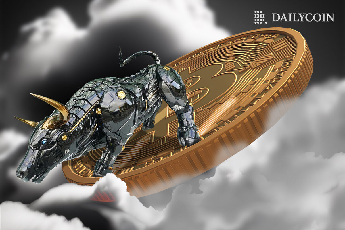 Metal bull standing on a floating Bitcoin.