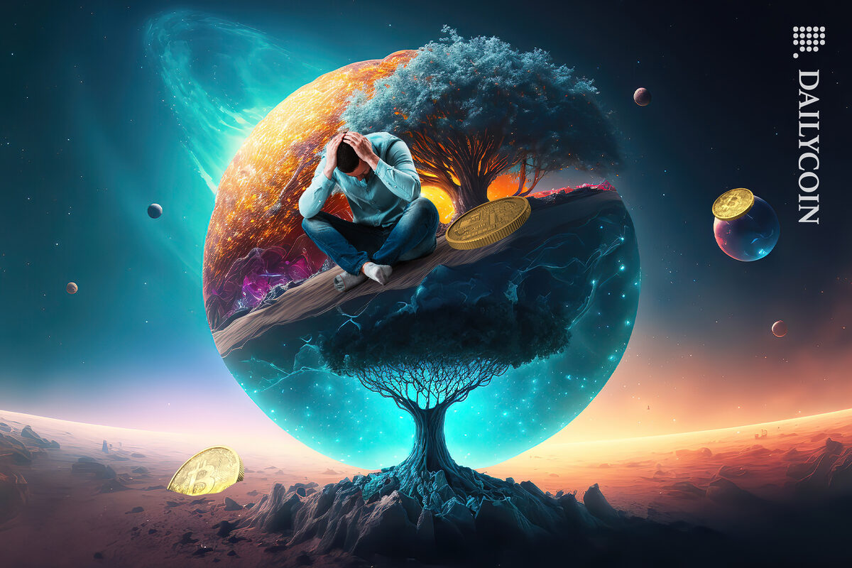 Man surrounded by Bitcoins is holding his head in his hands and sitting on a tilted platform with tree below him and a split planet with stars and light behind him.