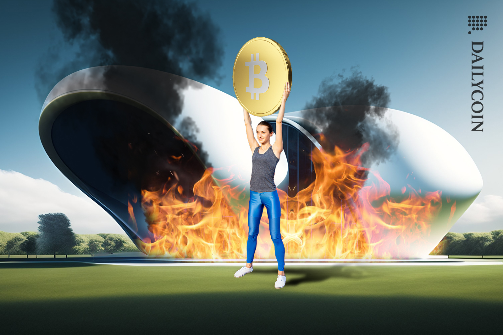 Woman holding a Bitcoin in front of burning modern building.