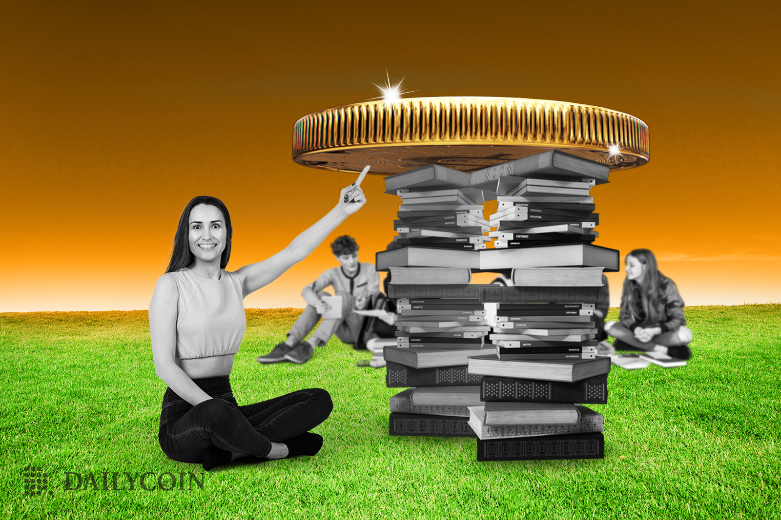 Happy student girl sitting on the grass and pointing the finger to a big golden Bitcoin which is balanced on two big stacks of Amazon books.