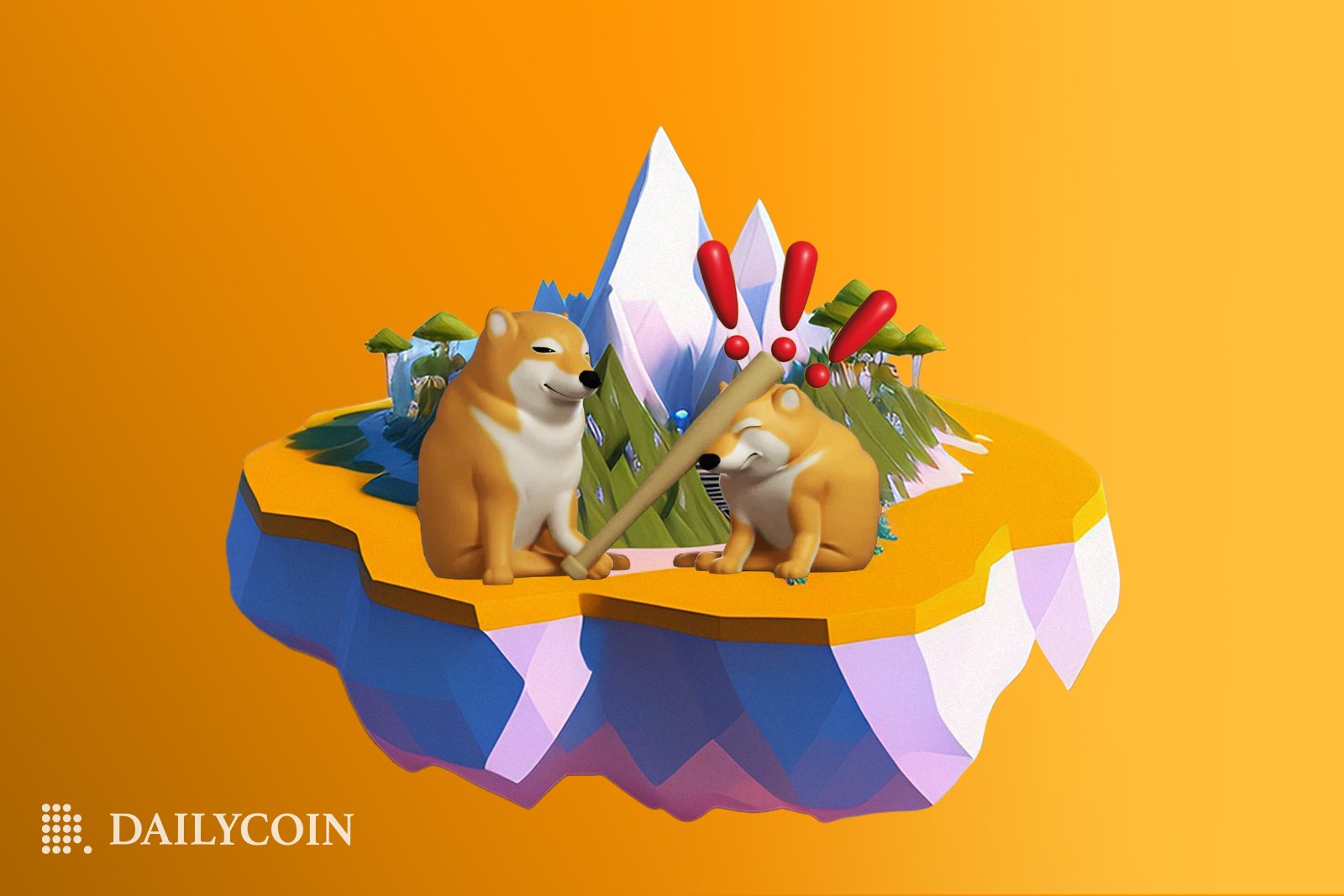 One doge is bonking another doge on the head on a floating island.