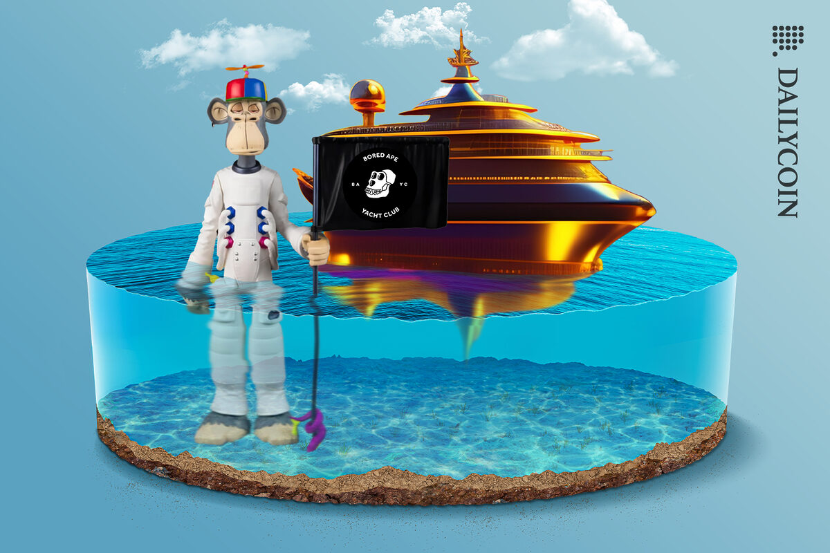 Bored Ape spaceman standing and holding a flag with BAYC logo in the water and a golden yacht floating beside him.