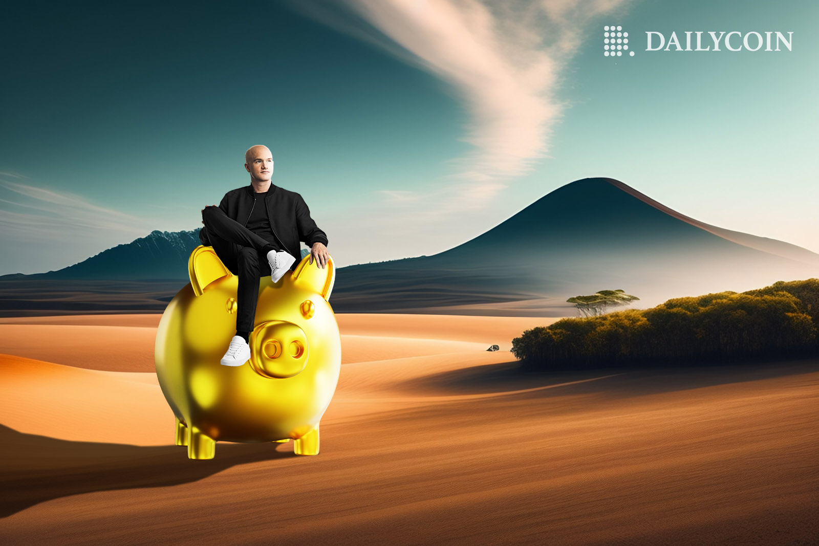 Brian Armstrong riding a golden piggybank in the desert.